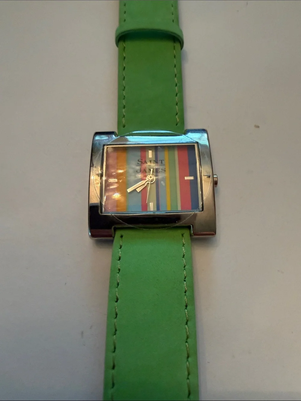 Vintage Saint James Green Leather Strap Square Dial Watch with Multicolor Face